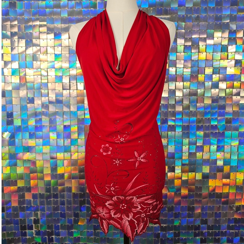 Halter Mini Dress Women Size M Red Excellent Floral Glitter Cowl Neck